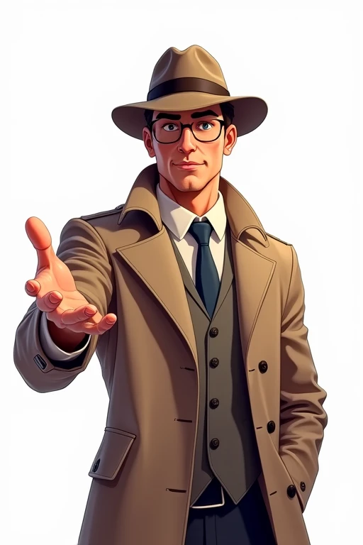 Illustration of a male detective opening his hand and saying welcome　Funny white background
