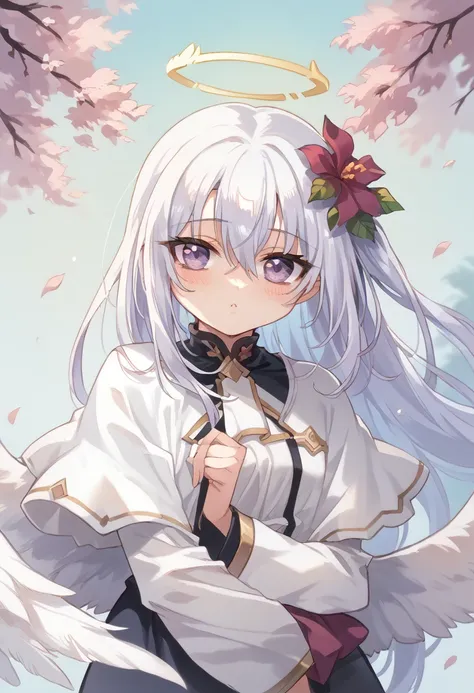  1girl angel_wings crossed_bangs dress feathered_wings flower hair_between_eyes hair_flower hair_ornament halo long_hair low_wings purple_eyes sleeves_past_wrists solo white_hair wing_ornament wings yellow_halo blush masterpiece,upper_body  best quality