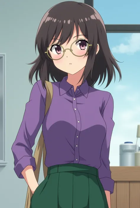 A woman, medium length straight hair in dark brown color without bangs, with her hair parted in the middle and without bangs
wearing round thin-framed glasses, in gold color, a purple blouse and green fabric pantaloon pants, in anime style