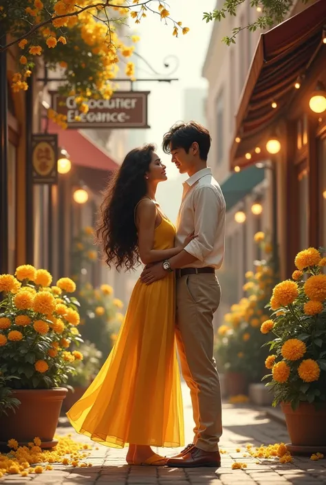 create an image of a couple in love, the woman is latina and has light black skin, long curly brown hair, wearing a long, delicate yellow dress. the man is korean, high, strong and is wearing a dress shirt rolled up to the elbow and beige dress pants. The ...