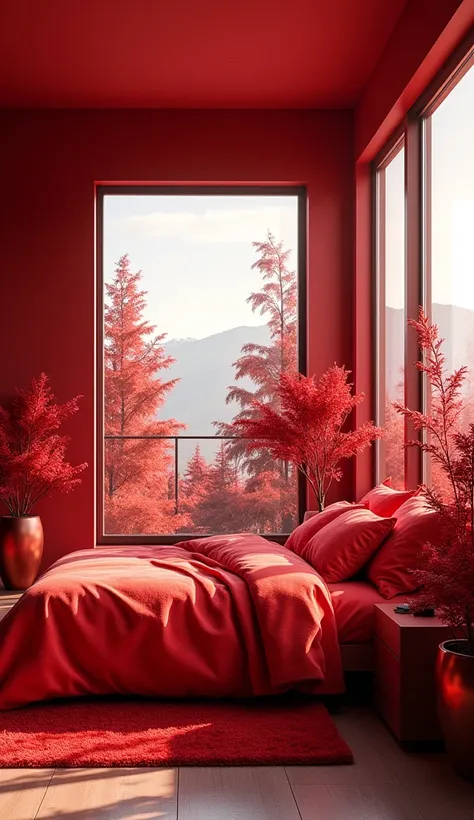 Modern bedroom with window view.red themed and plant based red one. 