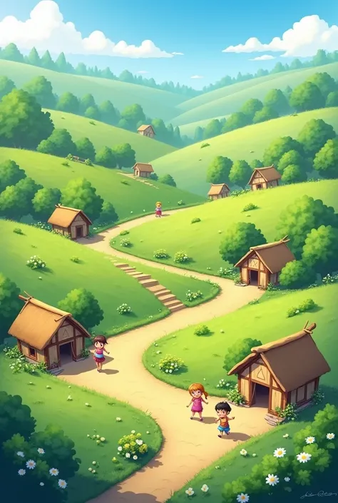 A peaceful village with small huts, green fields, and children playing outside.