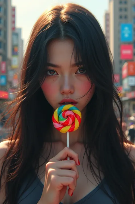 A cute girl with long hair and a fierce face is eating lollipops in a city