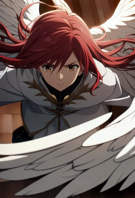 1boy, long hair, red hair, brown eyes, white angel wings, big wings, CG, screenshot