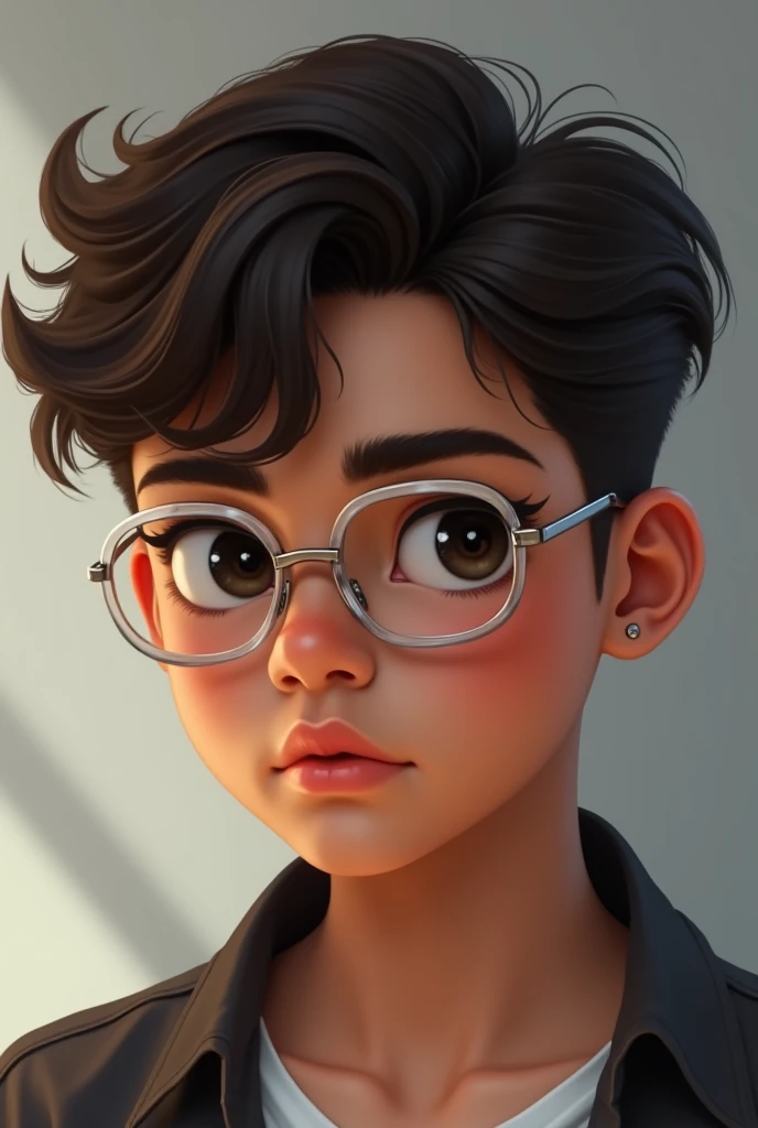 create a light brown boy, black eyed, arched eyebrows, with dark brown hair, of transparent glasses, with the taper fade cut