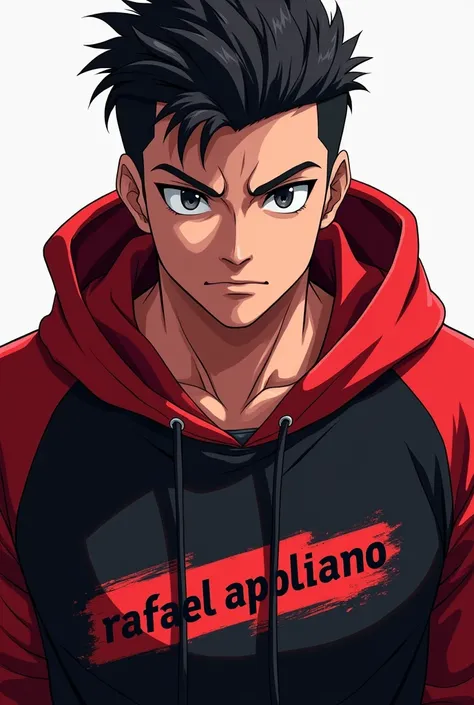 anime style, 30 year old man, wearing a red and black hoodie with the channel name written on it "Rafael Apoliano", character