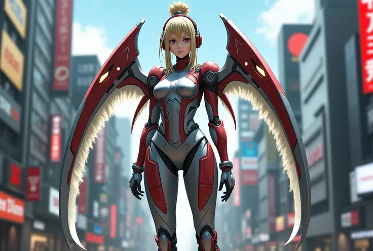 Make realistic pictures,  a woman namely &#39;Tsunade&#39; from anime characters (Naruto), full body,  long yellow hair tied up, wearing robot iron armor, headphone mecha, big chest curves formed very beautifully, has 2 pairs of mechanical scythe-shaped wi...