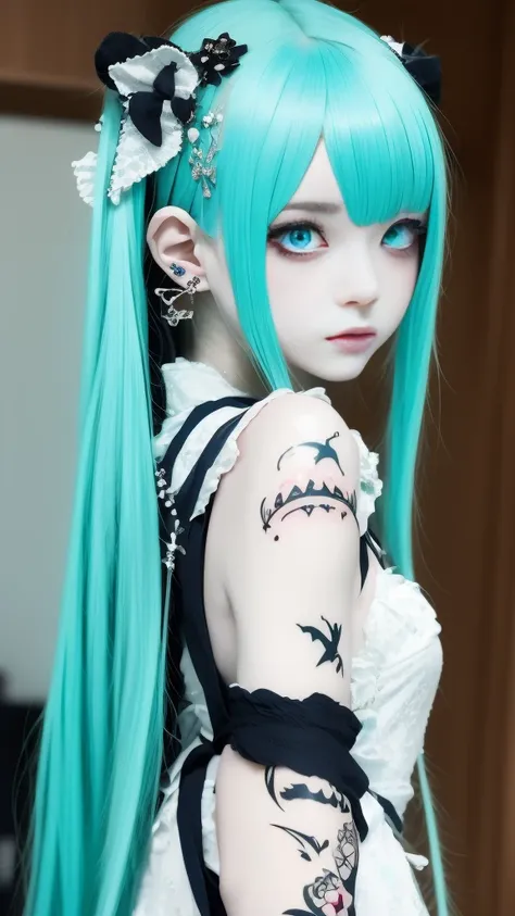 hair ornaments、earrings、tattoo、goth_punk, 1 girl, alone,、highest quality, realistic, Super delicate illustration, beautiful and attractive anime girl, miku hatsune, slender body, tied hair, one girl, girl pictures, full body shot, beautiful blue eyes, look...