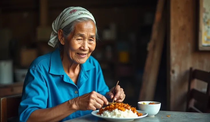 Photo of a Thai woman, 60 years old, bald, wearing a headscarf, wearing a blue shirt, sitting and eating fried chicken rice in her house.