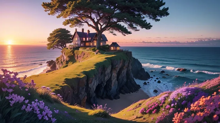 "Create a vibrant coastal sunset scene. A small, cozy cottage with a red roof sits on the edge of a grassy cliff, overlooking a vast ocean. Waves gently crash against the rocky shore below. A large tree with a curved trunk stands next to the cottage, its b...