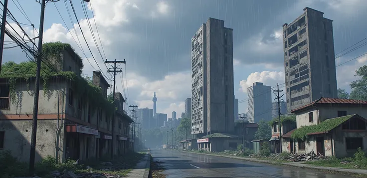 japanese scenery, abandoned ruined Tokyo, NO PEOPLE, rain, day, In the style of Makoto Shinkai。master piece, ultra detail, precision, ultra-realistic, unreal engine render
