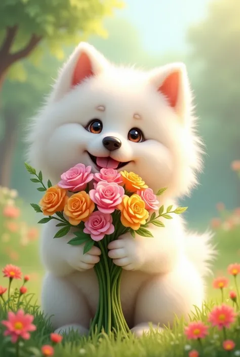 Cute Samoyed dog holding a bouquet