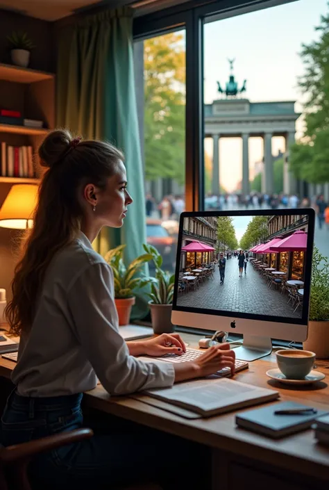 A split-screen image juxtaposes two worlds: on the left, a beautiful and attractive young female adult sits in a cozy home office, surrounded by warm lighting and bookshelves, intently focused on a German lesson on their computer screen. The desk is clutte...