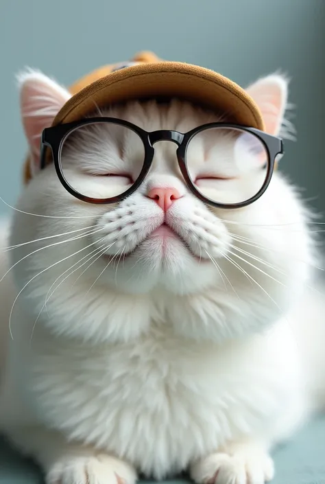 Chubby face white cool young cat with eyeglass and korean cap close up in camera and face is lazy