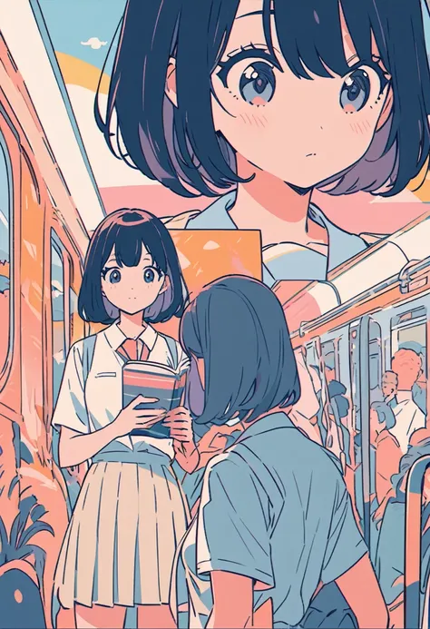 popart style,pastel flat color,(best quality, masterpiece, ultra-highres, ultra-detailed) ,girl stands on the crowded train in the morning, She is reading a paperback book in her left hand,summer,school uniform,Beautiful detailed scenery,
(teen,detailed fa...