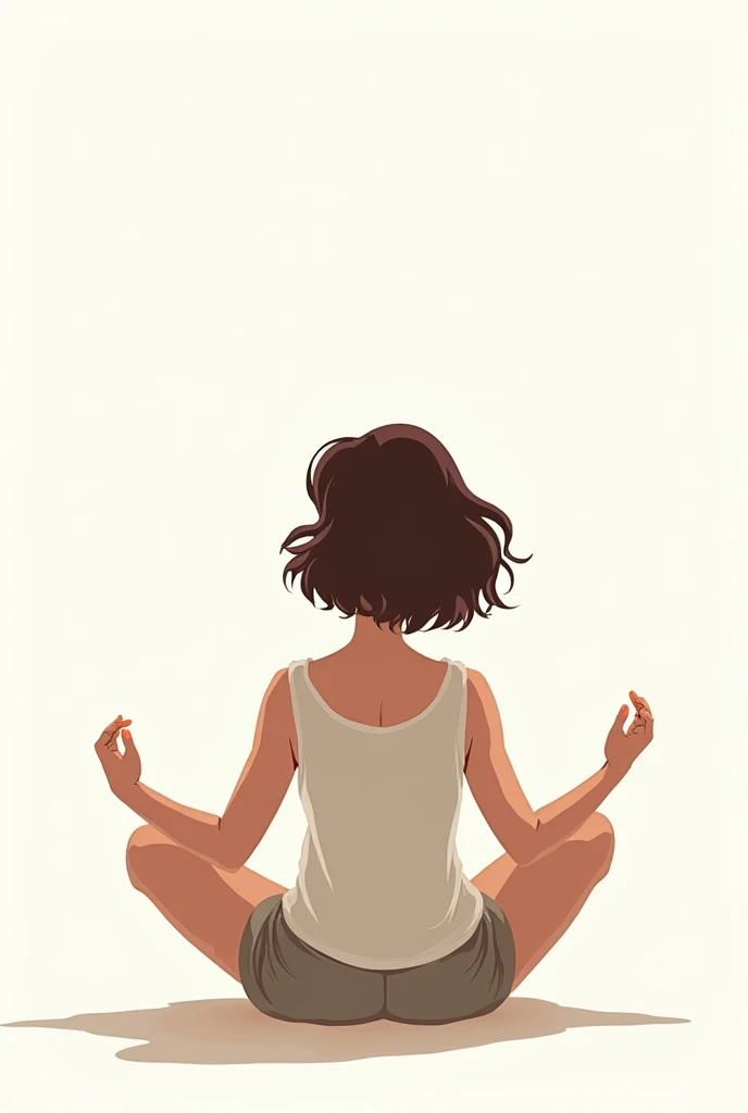 Detailed illustration of a Mediterranean woman, sitting with legs bent, feet further apart and arms up, with short wavy hair, as if in deep meditation or reflection. Let the final view be from behind. white background.