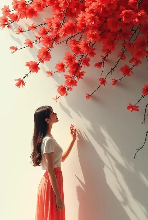 A girl in skirt touching with left hand red flowers on the wall