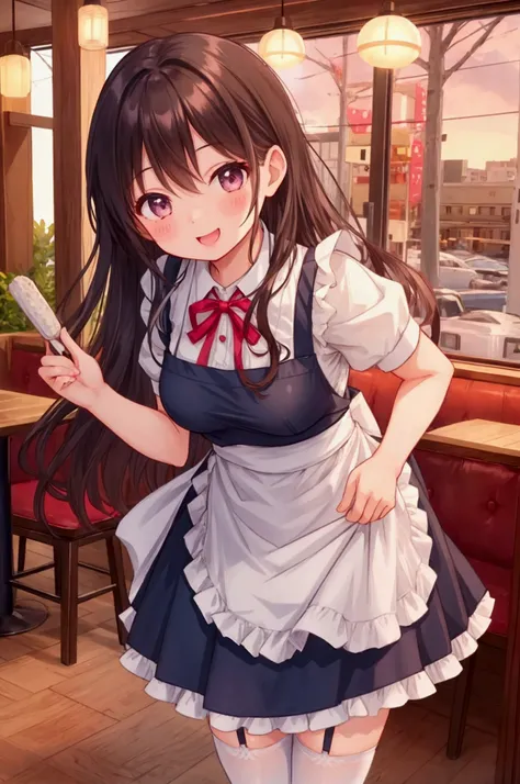 Girl、Waitress、Apron dress、Garter belt、smile、Laughing with your mouth open、restaurant