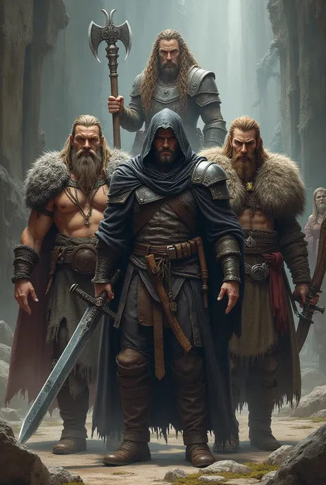 Two very strong warriors, one with a beard and braids, with a huge sword, the other with an ax, a sorcerer man with a black hood and staff, a man with the appearance of a thief with a bow and arrows, a druid man from the forest, all in realistic prominence...