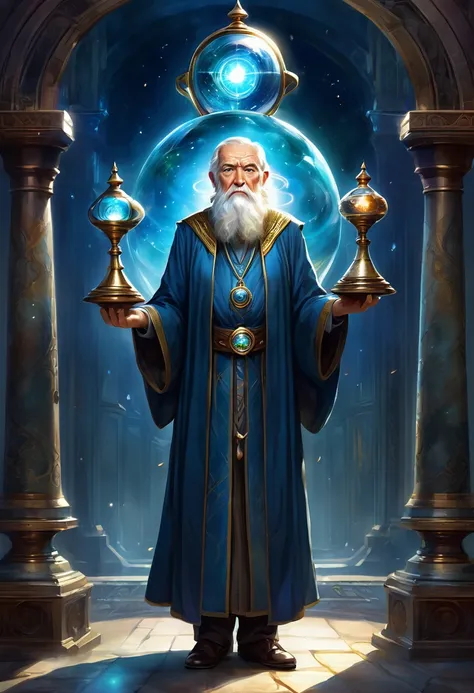 A wise old man who controls the flow of time, operating with illusions and distortions. He defends the Orb of Time with a dominion over the ages., carries an hourglass on each side of his shoulders