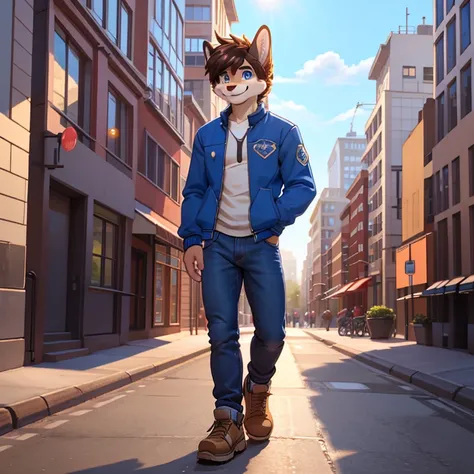 Masterpiece, best quality, high quality, Portrait, 1 German Sepherd Male anthro, Solo, Teenager, has pointed hair, has body fur, has Blue eyes, wears Blue jacket with farmer jeans, wears tan shoes, has slim body, strong build body, Smile, happy, standing i...