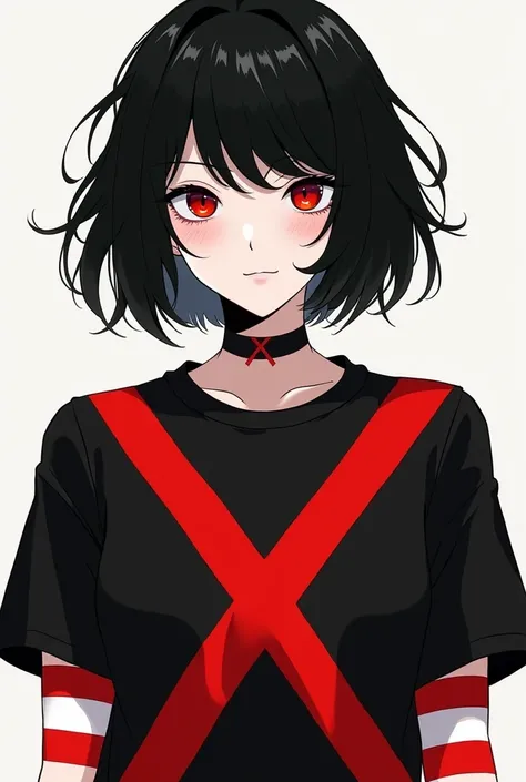 a white skinned woman , short, wavy black hair , wearing a black shirt with a red x in the middle , with white and red striped sleeves