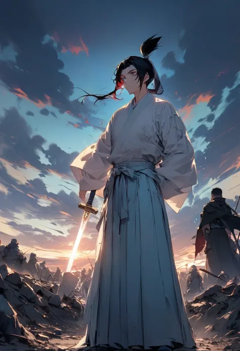 A cool-headed warlord standing on the battlefield at dusk。His sharp eyes are feared.、"ghost"It is called。Her black hair is tied in a traditional topknot.、Wearing white and light blue hakama、Holding a sharp sword。Behind me is a ruined battlefield and a blaz...