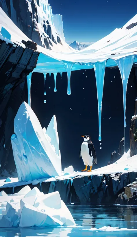 A penguin standing on an iceberg eating shrimp fried rice，Iceberg in the background，time is in the morning，oil painting style