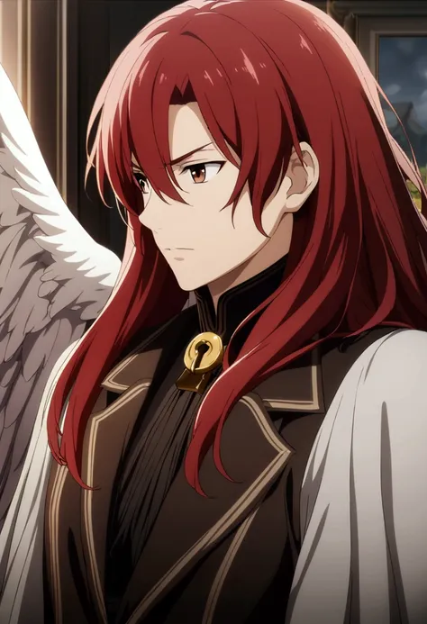 1 boy, red hair, a lock of longer hair over his shoulder, almost transparent brown eyes, elegant clothes, angel wings, cg, screenshot