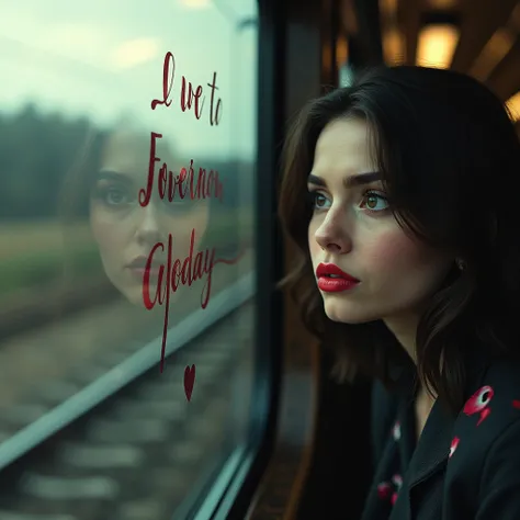 A woman staring pensively out the train window、Lipstick message on the window