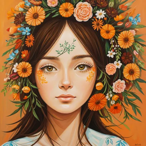 lady with flowers on her head is an acrylic painting, in the style of lucy glendinning, tony diterlizzi, organic and naturalistic compositions, floral explosions, ferris plock, light orange and brown, serene faces --ar 3:4 -