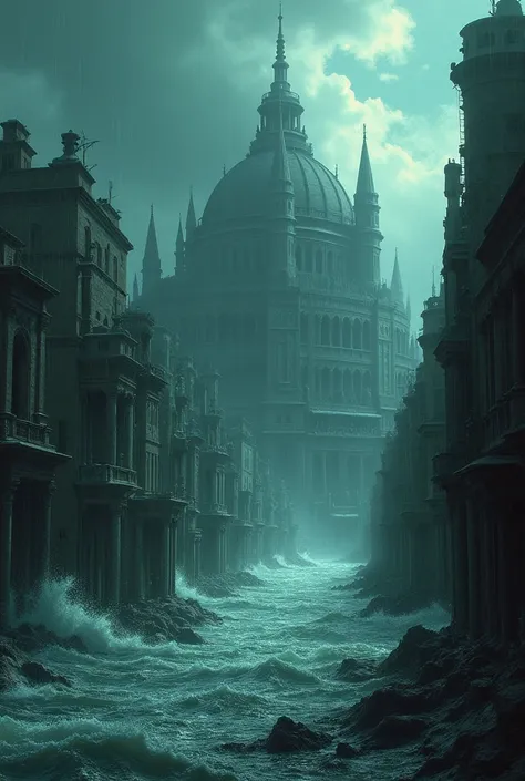 Ancient Civilization,collapse，sea water pours in，The city was engulfed,storm,thunder,dark,destruction,
no one