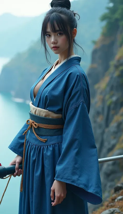 NSFW erotic beautiful 16-years-old girl standing on a cliff, wearing sexy blue Japanese traditional kimono extreme detailed and realistic looking uniform, holding a huge Katina, big push up breast, beautiful face, seductive look, sexy make-up, hyperrealist...