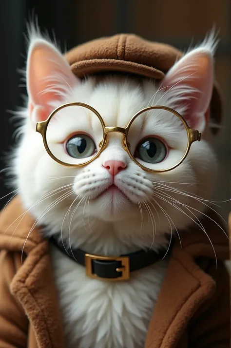 Chubby face white cat with gold eyeglass, with brown cap and brown coat, face is close up, gray eyes