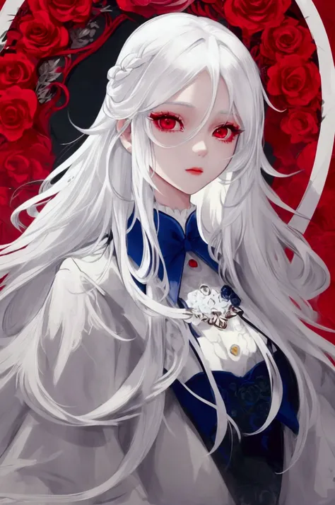 Cute, slightly wavy white hair, long hair, white eyelashes, red eyes, timid personality, clothes with blue roses