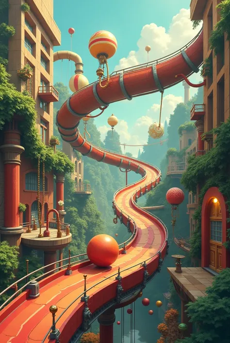 Track for a ball inspired from rube goldberg with objects or distractions in the path 