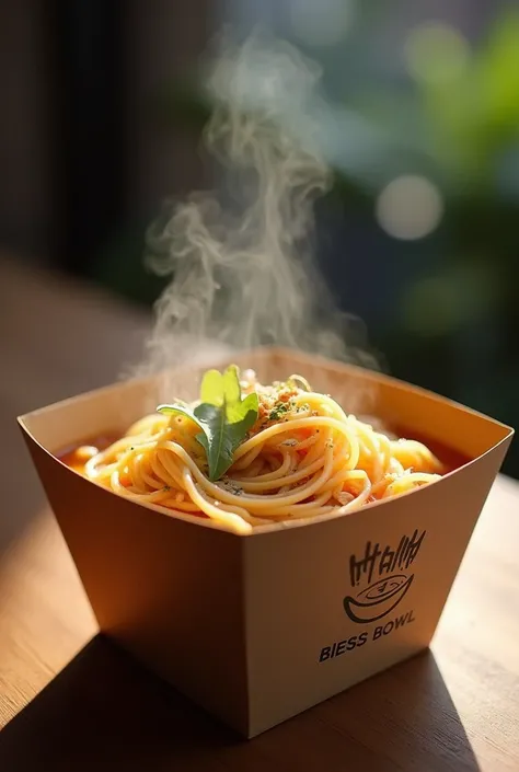 Noodles soup in paper box. Paper box is square. Brand name will include in paper box. Brand name is Bless Bowl