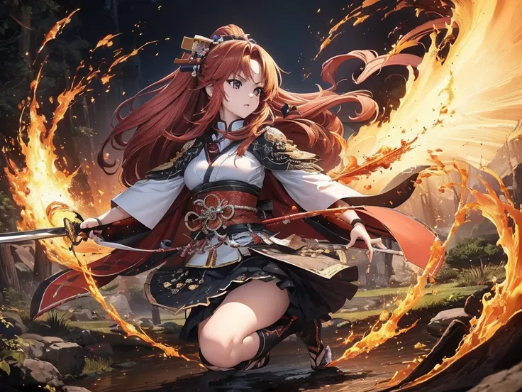 ,(Best Quality:1.2, Very detailed, up to date, A lonely look, Ultra-high resolution, High Contrast, masterpiece:1.2, Best Quality, Best aesthetics), cute, Red haired、Girl with long hair, Red sharp gaze, Glamorous proportions, Samurai,　Flame Fringe、 Holding...