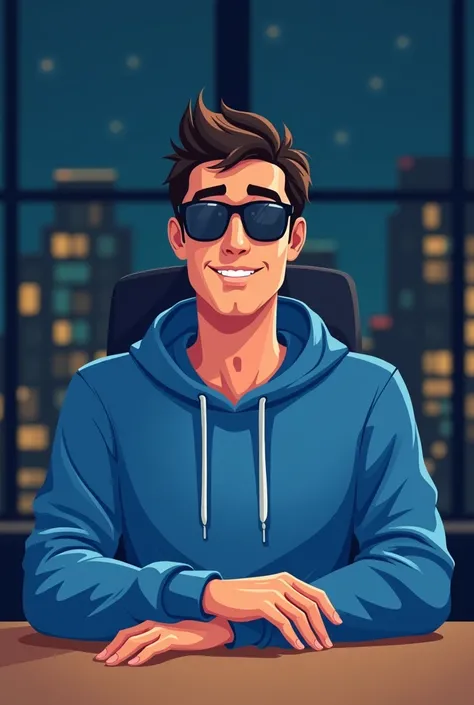 ANIME FRIENDLY LOOKING MALE BUSINESS CHARACTER, A BLUE HOODIE AND SUNGLASSES. HE IS SITTING BEHIND HIS LAPTOP IN HIS OFFICE, ARMS ON HIS DESK. IT IS NIGHT. THE ROOM HAS VOLUMETRIC
LIGHTING. HE IS FRONT FACING TO THE CAMERA, LOOKING STRAICHT AND CENTERED, C...