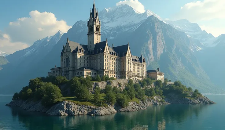 A huge university building on the top of a mountain, vintage, multiple buildings on the mountain, lake behind the mountain, reflection, realistic, 4k, Break 16k, high resolution, High quality, 