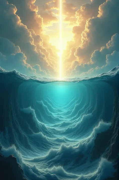 A dramatic depiction of waters being separated, with a firmament forming above and waters gathering below.