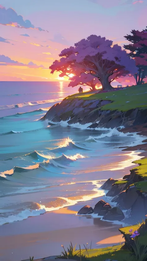 "Create a vibrant coastal sunset scene. A small, cozy cottage with a red roof sits on the edge of a grassy cliff, overlooking a vast ocean. Waves gently crash against the rocky shore below. A large tree with a curved trunk stands next to the cottage, its b...