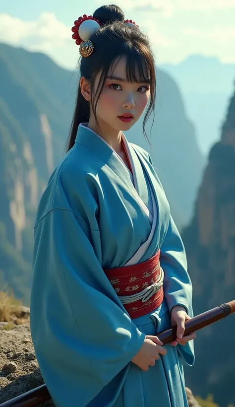 NSFW erotic beautiful 16-years-old girl standing on a cliff, wearing sexy blue Japanese traditional kimono extreme detailed and realistic looking uniform, holding a huge Katina, big push up breast, beautiful face, seductive look, sexy make-up, hyperrealist...