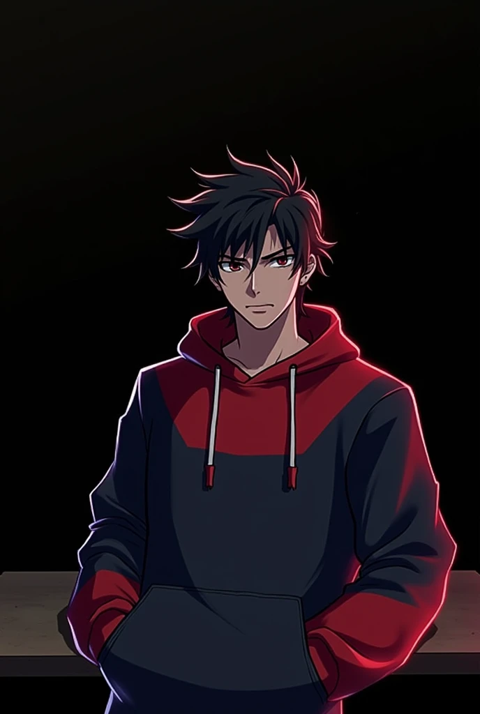 anime style, 30 year old man, wearing a red and black hoodie, character