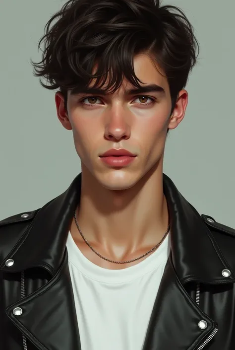 A young man with dark short hair and brown-green eyes, sharp gaze, oval face, slightly plump lips and slightly tanned skin. He is wearing a white T-shirt and a leather jacket.