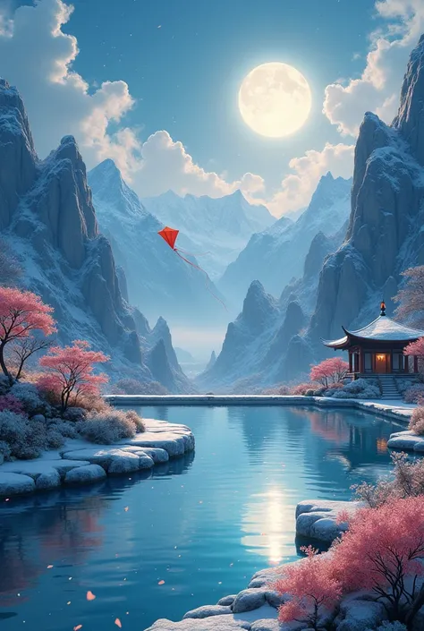 Ancient Chinese Landscape, ((hot spring)), (heavy snow), (firefly), (Paper Kite), (midnight), (moon), Mountaintop Shrine, ((flower)), Beautiful scenery, Realistic lighting, masterpiece, high quality, Beautiful graphics, High Detail,