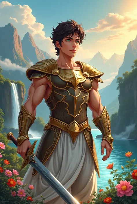 Perseus is a young hero of about 1., Muscular and agile. her hair is short and wavy, of a dark brown tone that shines in the sunlight. He has piercing eyes, deep green, that convey courage and determination. Perseus wears light bronze armor, adorned with g...