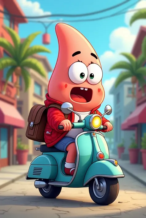 Patrick star in spongebob, uppercut hairstyle, wearing a red heart jacket with a white shirt underneath, carrying a backpack on his back, wearing a watch on his left hand, riding a Vespa motorbike. (nickelodeon cute chibi kid character art)