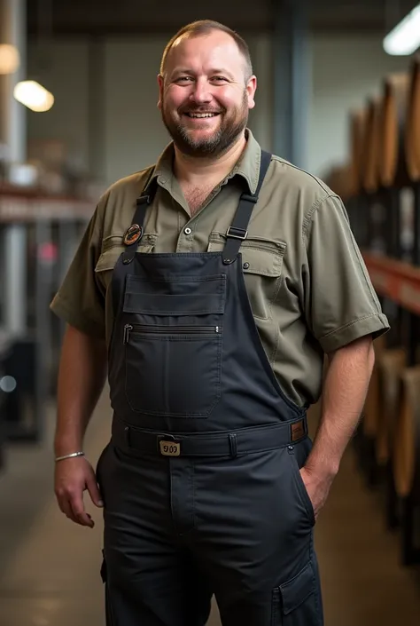 Wine and wine materials processor,  Russian, in work clothes, smiles, stands straight