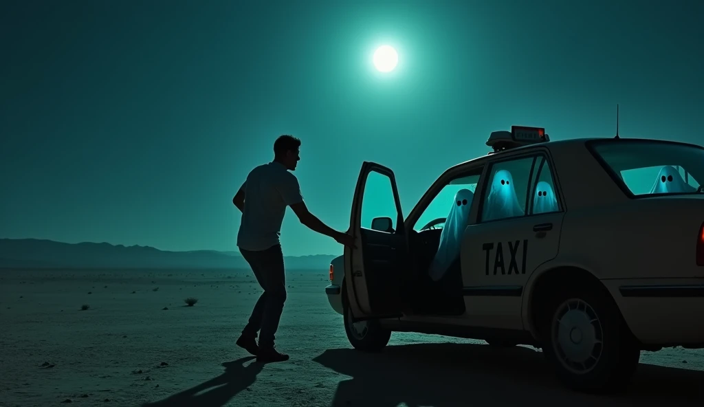 A person standing next to a taxi holding the door with his hand in the desert. He looks scared. There are ghosts riding in the car, their eyes are shining, their size is large, and the moon is shining at night. 